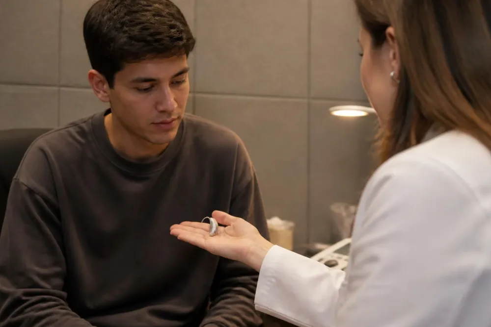 Audioprotesista mostrando un audífono retroauricular a un joven en la cabina de audiometría