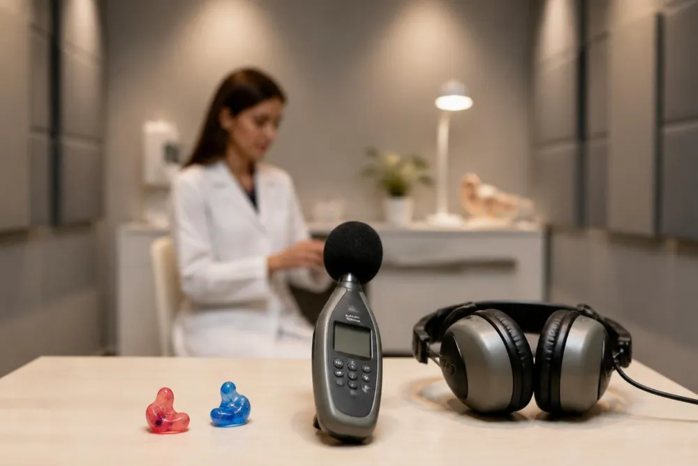 Tapones a medida y un sonómetro sobre la mesa de un centro auditivo